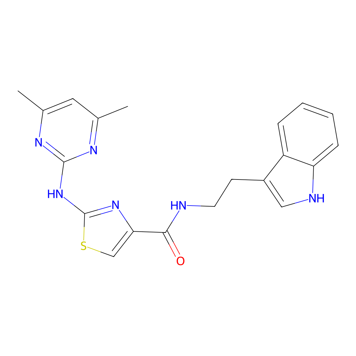 N-(2-(1H-indol-3-yl)ethyl)-2-((4,6-dimethylpyrimidin-2-yl)amino)thiazole-4-carboxamide molecular structure, CAS 1251546-21-0