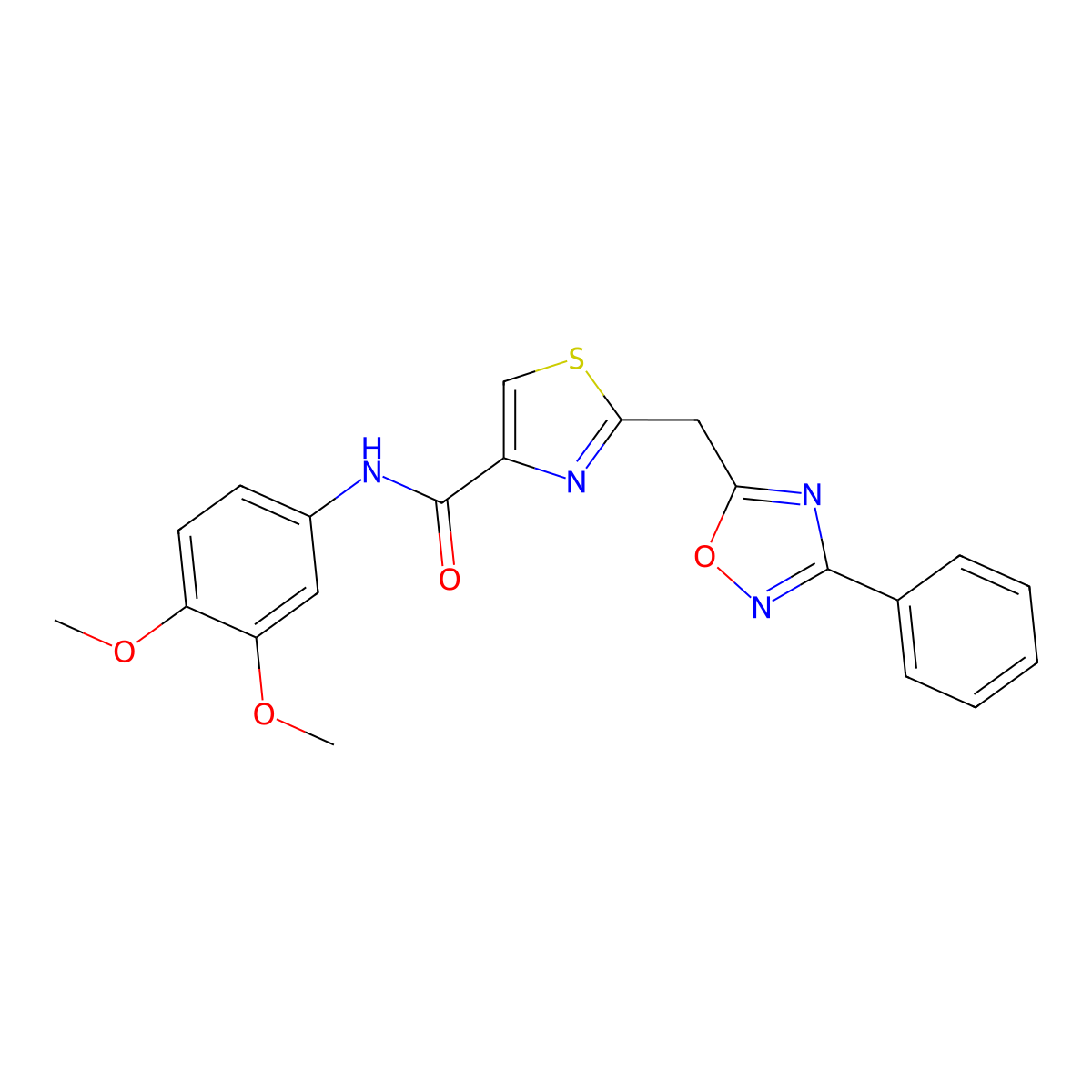 N-(3,4-dimethoxyphenyl)-2-((3-phenyl-1,2,4-oxadiazol-5-yl)methyl)thiazole-4-carboxamide molecular structure, CAS 1251546-42-5