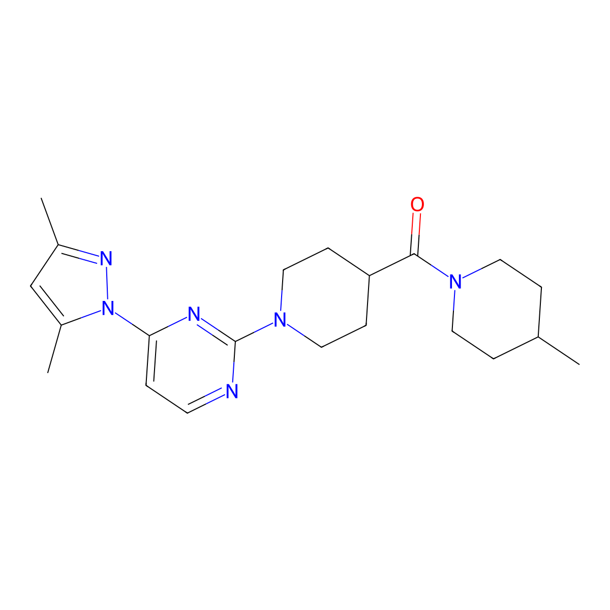 4-(3,5-dimethyl-1H-pyrazol-1-yl)-2-[4-(4-methylpiperidine-1-carbonyl)piperidin-1-yl]pyrimidine molecular structure, CAS 1251546-43-6