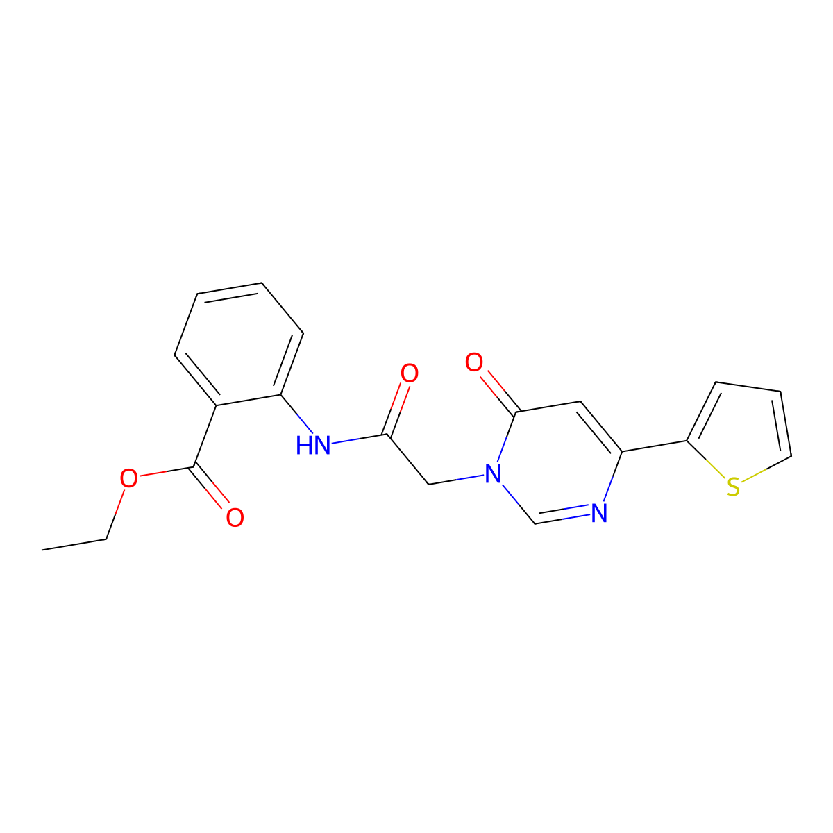 ethyl 2-(2-(6-oxo-4-(thiophen-2-yl)pyrimidin-1(6H)-yl)acetamido)benzoate molecular structure, CAS 1251546-73-2