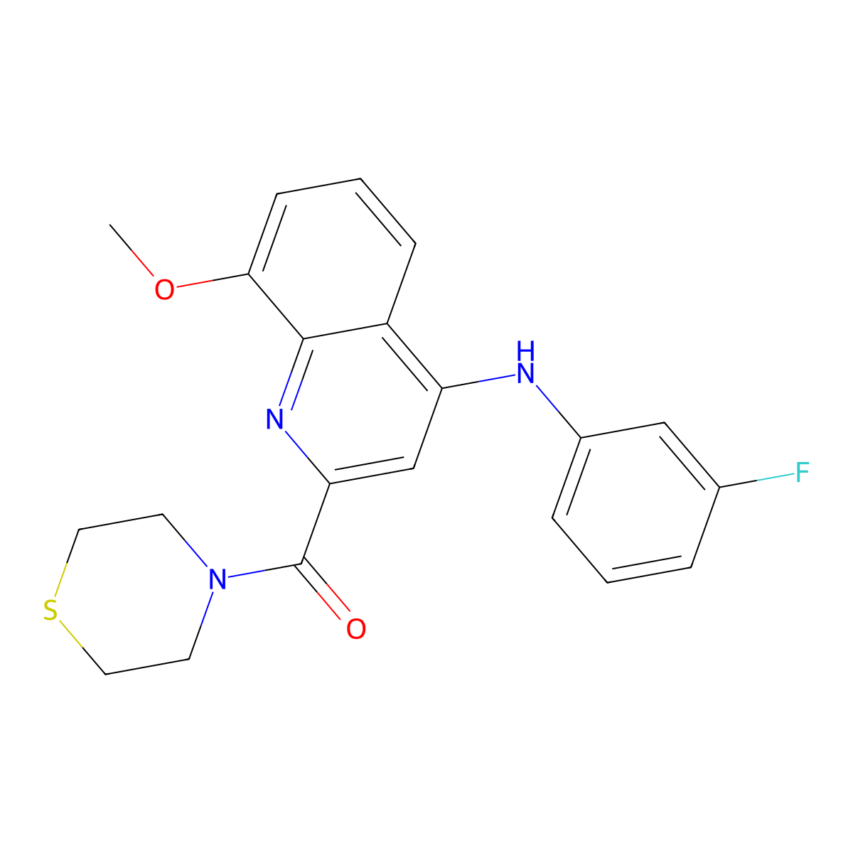 (4-((3-Fluorophenyl)amino)-8-methoxyquinolin-2-yl)(thiomorpholino)methanone molecular structure, CAS 1251546-79-8