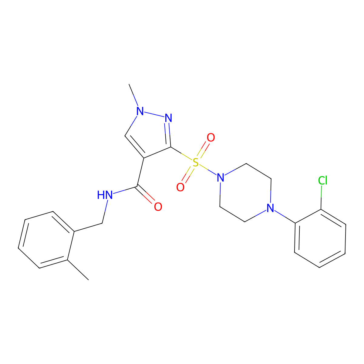 3-{[4-(2-chlorophenyl)piperazin-1-yl]sulfonyl}-1-methyl-N-[(2-methylphenyl)methyl]-1H-pyrazole-4-carboxamide molecular structure, CAS 1251546-83-4