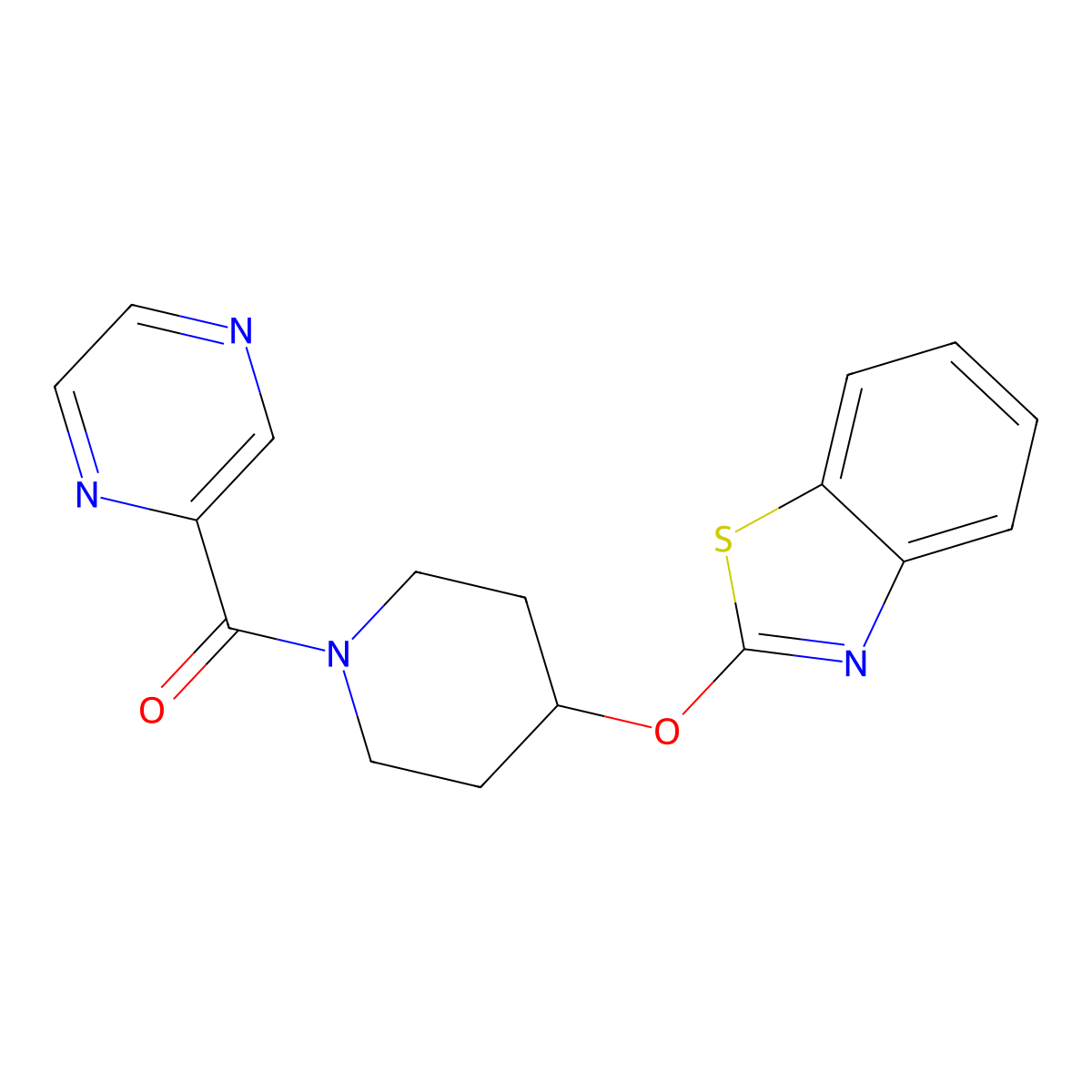 (4-(Benzo[d]thiazol-2-yloxy)piperidin-1-yl)(pyrazin-2-yl)methanone molecular structure, CAS 1251546-89-0