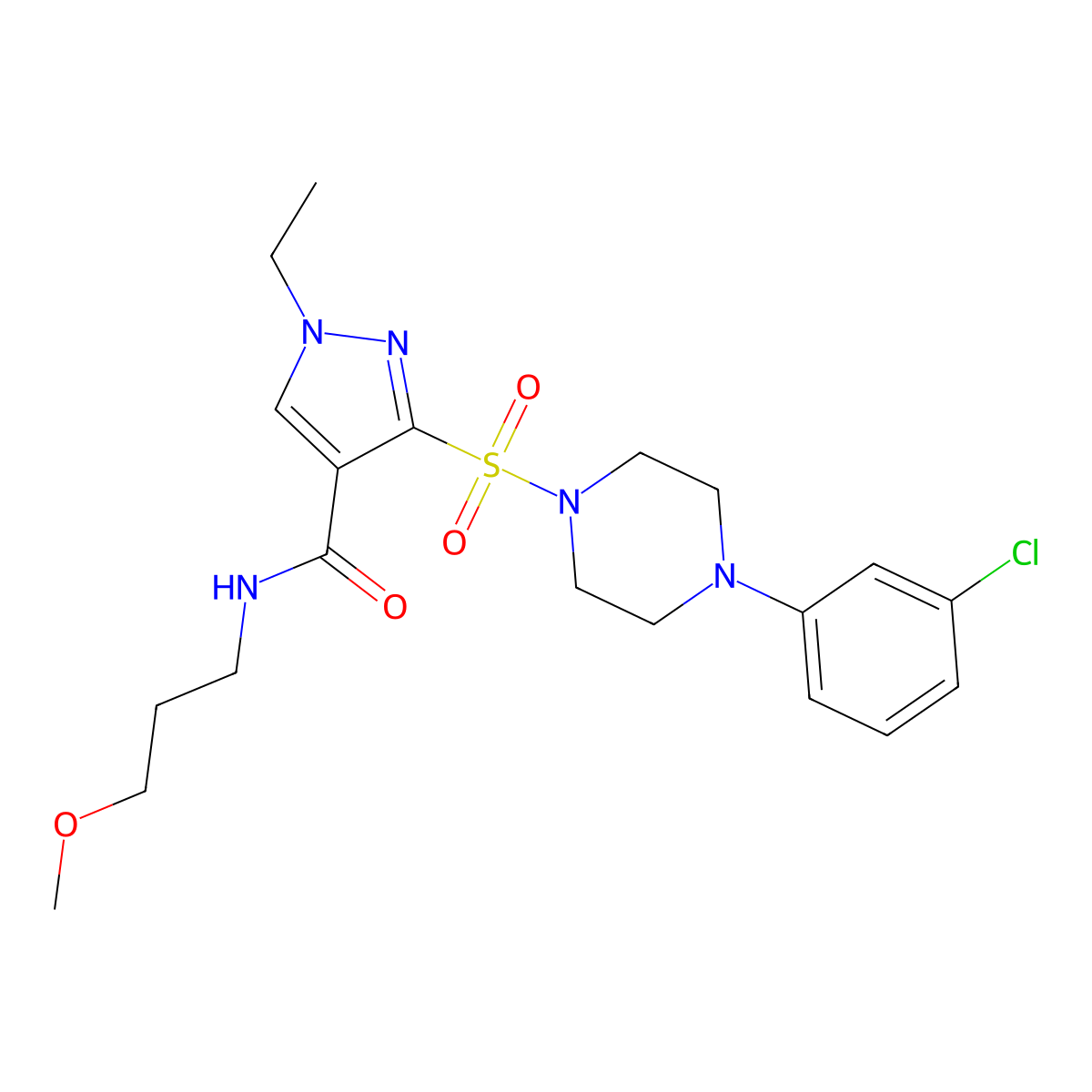3-{[4-(3-chlorophenyl)piperazin-1-yl]sulfonyl}-1-ethyl-N-(3-methoxypropyl)-1H-pyrazole-4-carboxamide molecular structure, CAS 1251546-91-4