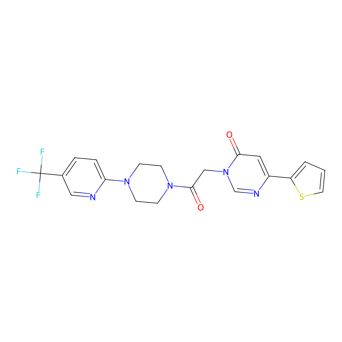 3-(2-oxo-2-(4-(5-(trifluoromethyl)pyridin-2-yl)piperazin-1-yl)ethyl)-6-(thiophen-2-yl)pyrimidin-4(3H)-one molecular structure, CAS 1251546-92-5