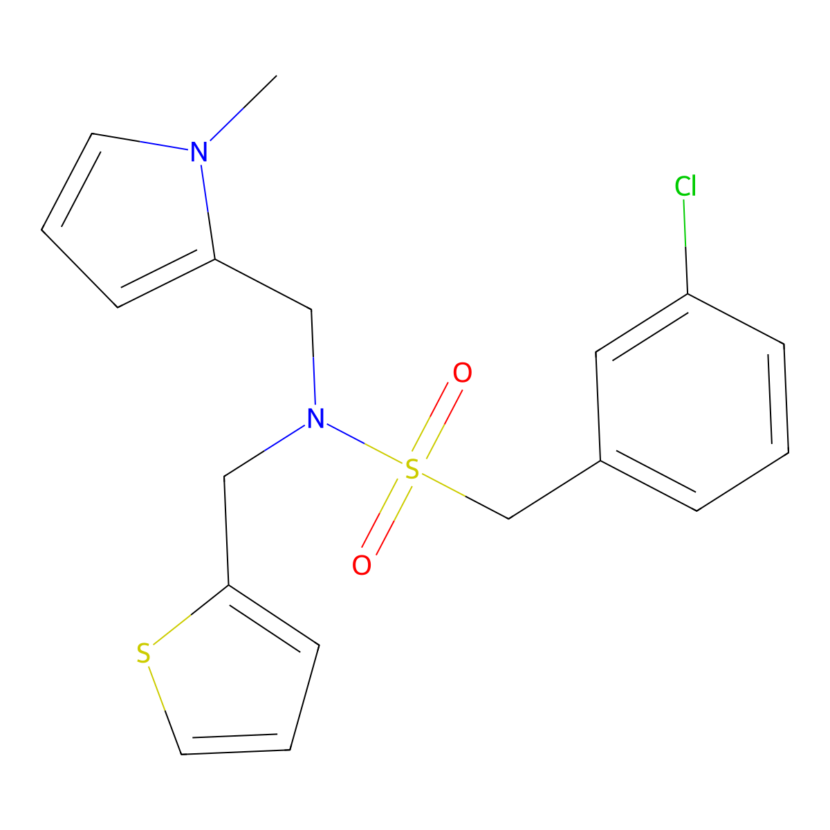 1-(3-chlorophenyl)-N-((1-methyl-1H-pyrrol-2-yl)methyl)-N-(thiophen-2-ylmethyl)methanesulfonamide molecular structure, CAS 1251546-97-0