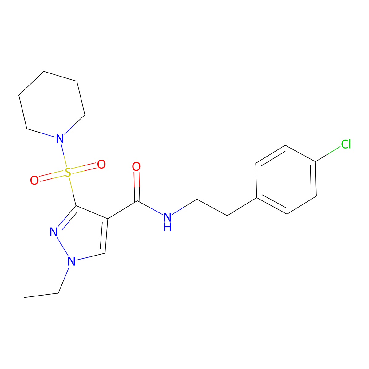 N-(4-chlorophenethyl)-1-ethyl-3-(piperidin-1-ylsulfonyl)-1H-pyrazole-4-carboxamide molecular structure, CAS 1251547-02-0