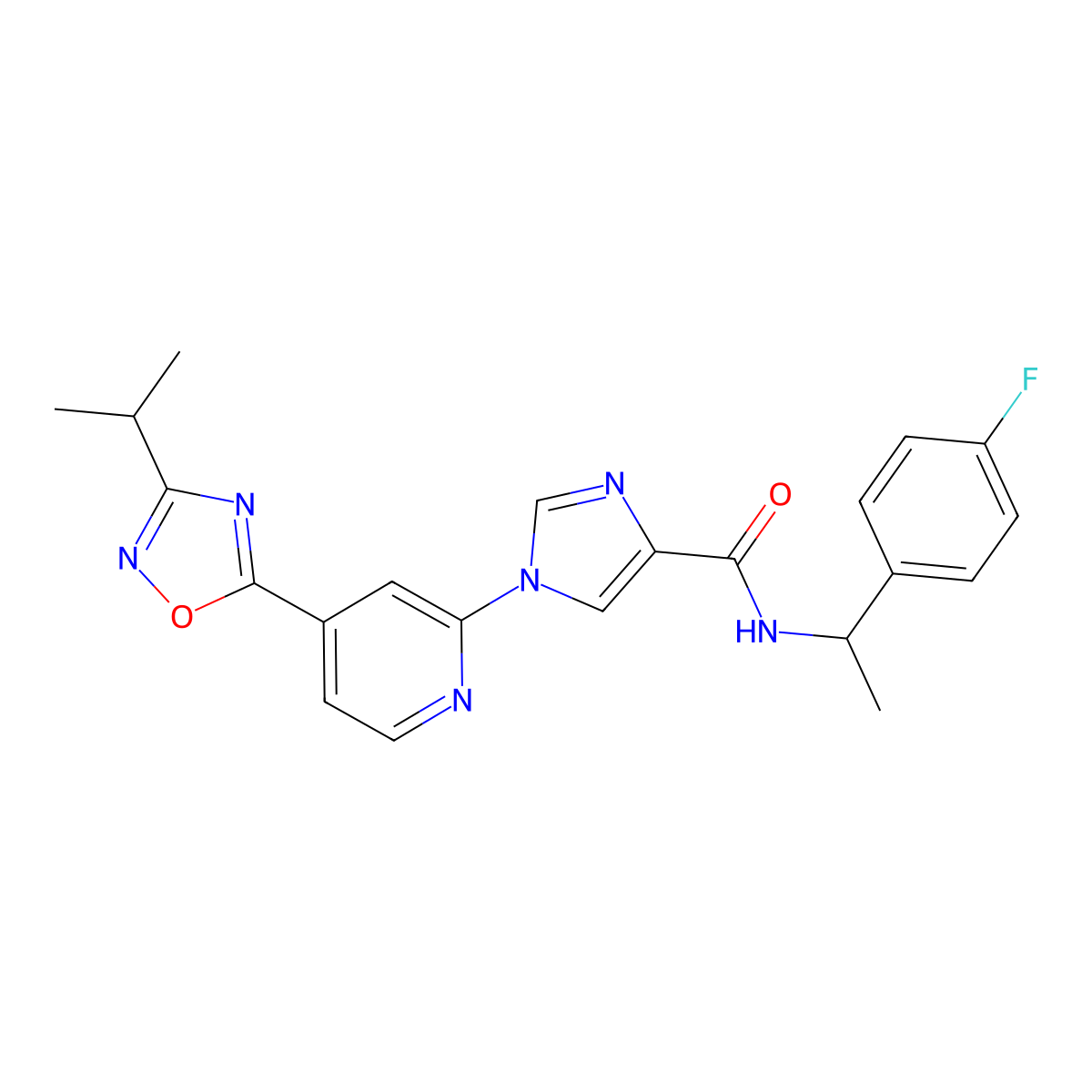 N~4~-[1-(4-fluorophenyl)ethyl]-1-[4-(3-isopropyl-1,2,4-oxadiazol-5-yl)-2-pyridyl]-1H-imidazole-4-carboxamide molecular structure, CAS 1251547-20-2