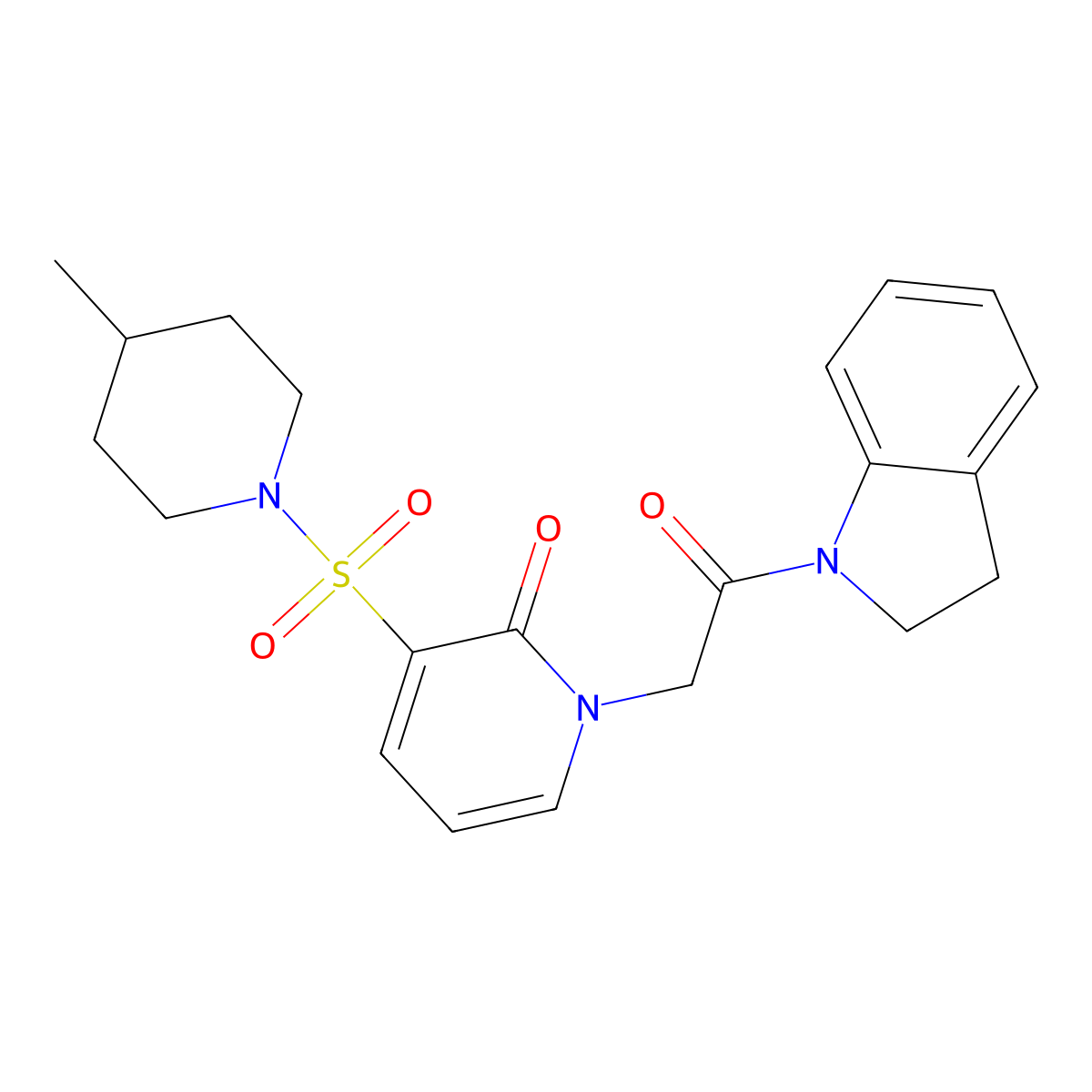 1-(2-(indolin-1-yl)-2-oxoethyl)-3-((4-methylpiperidin-1-yl)sulfonyl)pyridin-2(1H)-one molecular structure, CAS 1251547-35-9