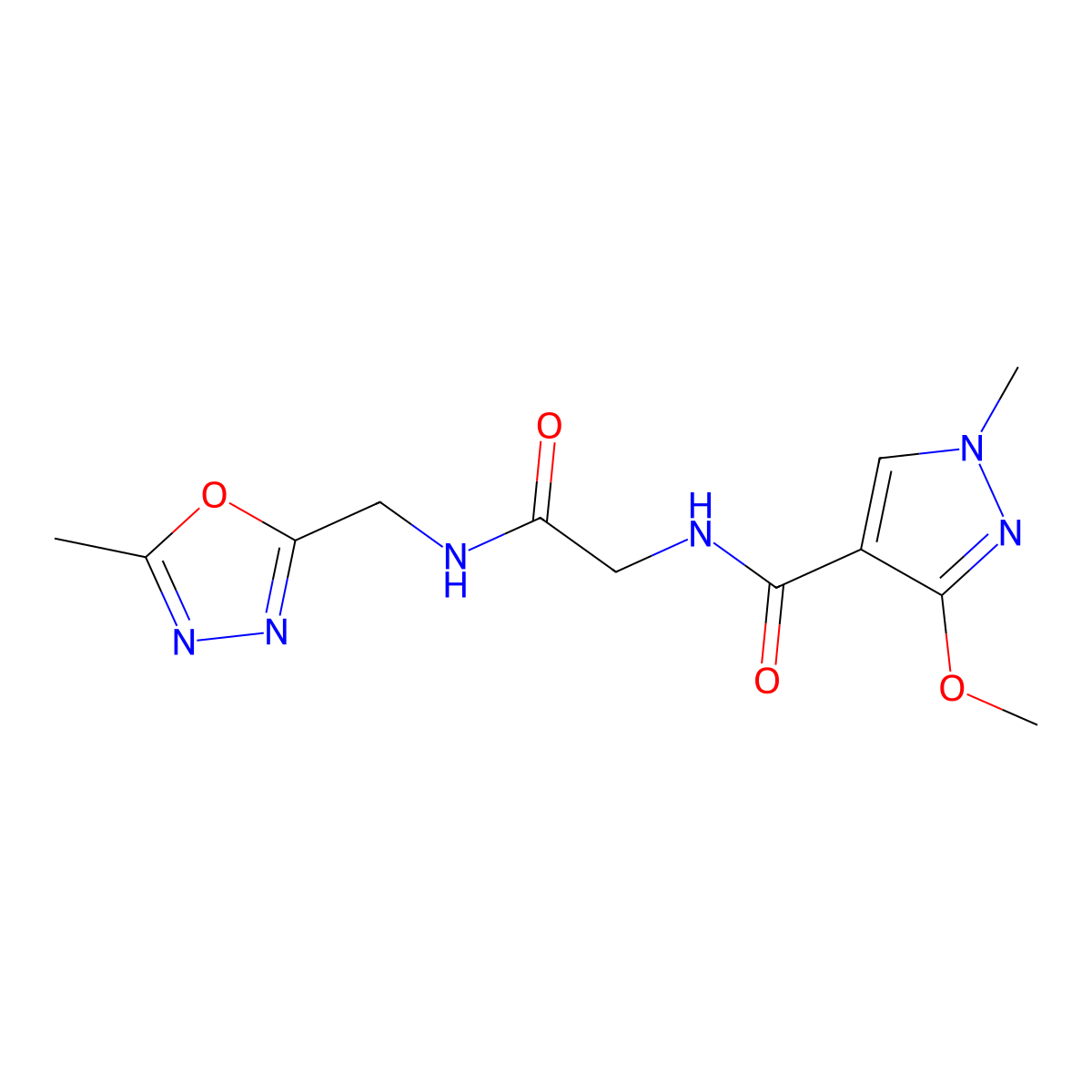 3-methoxy-1-methyl-N-(2-(((5-methyl-1,3,4-oxadiazol-2-yl)methyl)amino)-2-oxoethyl)-1H-pyrazole-4-carboxamide molecular structure, CAS 1251547-60-0