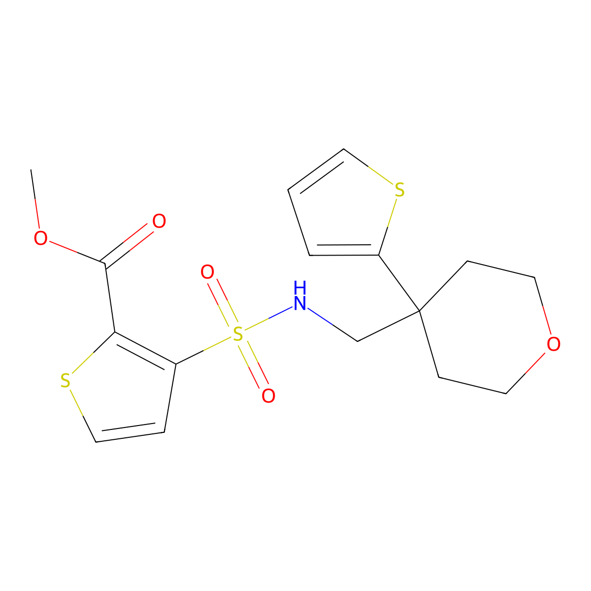 methyl 3-(N-((4-(thiophen-2-yl)tetrahydro-2H-pyran-4-yl)methyl)sulfamoyl)thiophene-2-carboxylate molecular structure, CAS 1251547-62-2