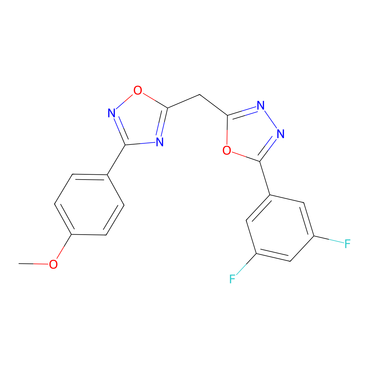 5-((5-(3,5-Difluorophenyl)-1,3,4-oxadiazol-2-yl)methyl)-3-(4-methoxyphenyl)-1,2,4-oxadiazole molecular structure, CAS 1251547-64-4