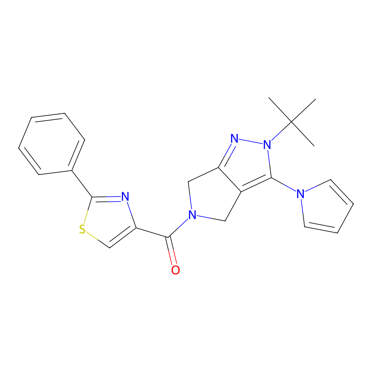 (2-(tert-butyl)-3-(1H-pyrrol-1-yl)pyrrolo[3,4-c]pyrazol-5(2H,4H,6H)-yl)(2-phenylthiazol-4-yl)methanone molecular structure, CAS 1251547-66-6