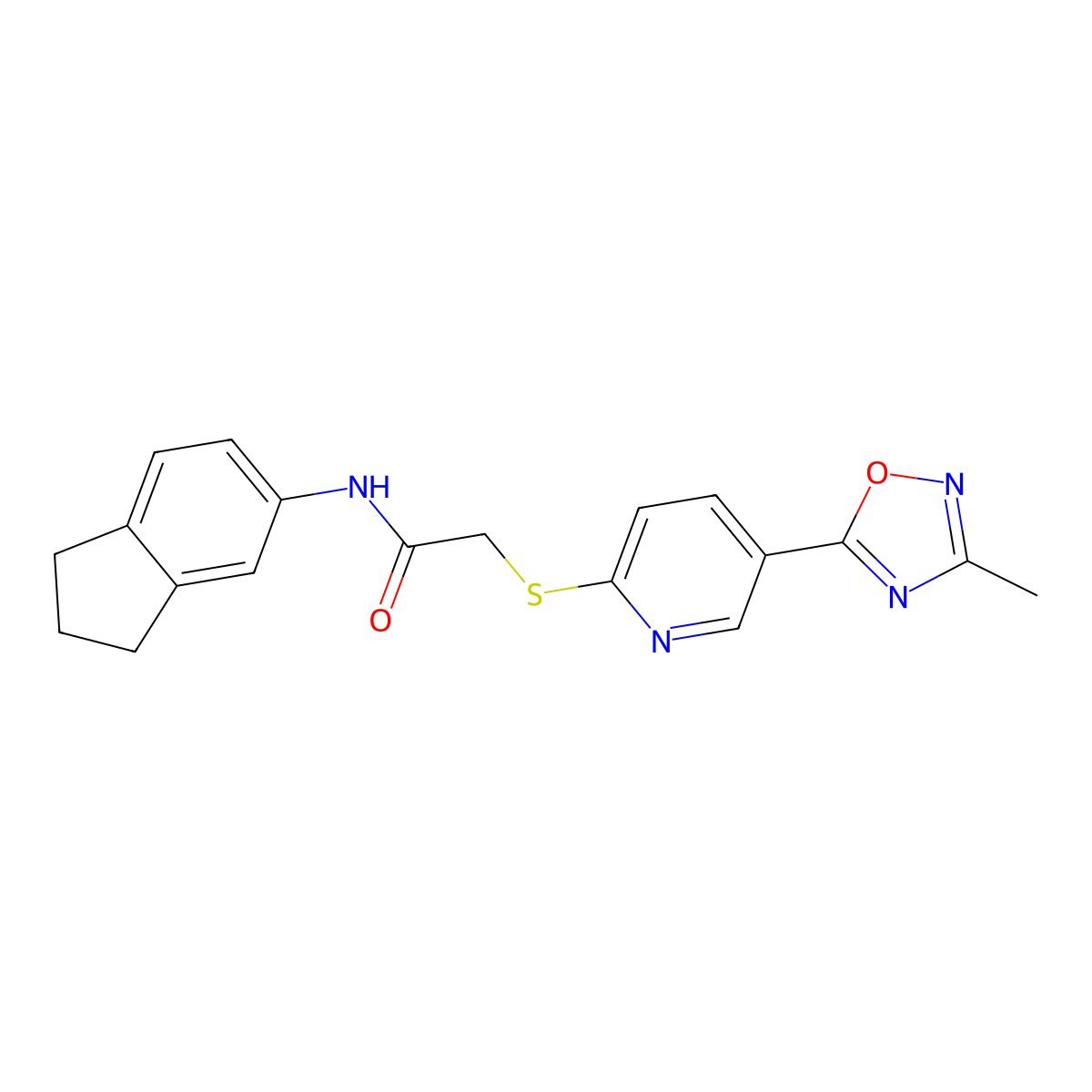 N-(2,3-dihydro-1H-inden-5-yl)-2-((5-(3-methyl-1,2,4-oxadiazol-5-yl)pyridin-2-yl)thio)acetamide molecular structure, CAS 1251547-93-9