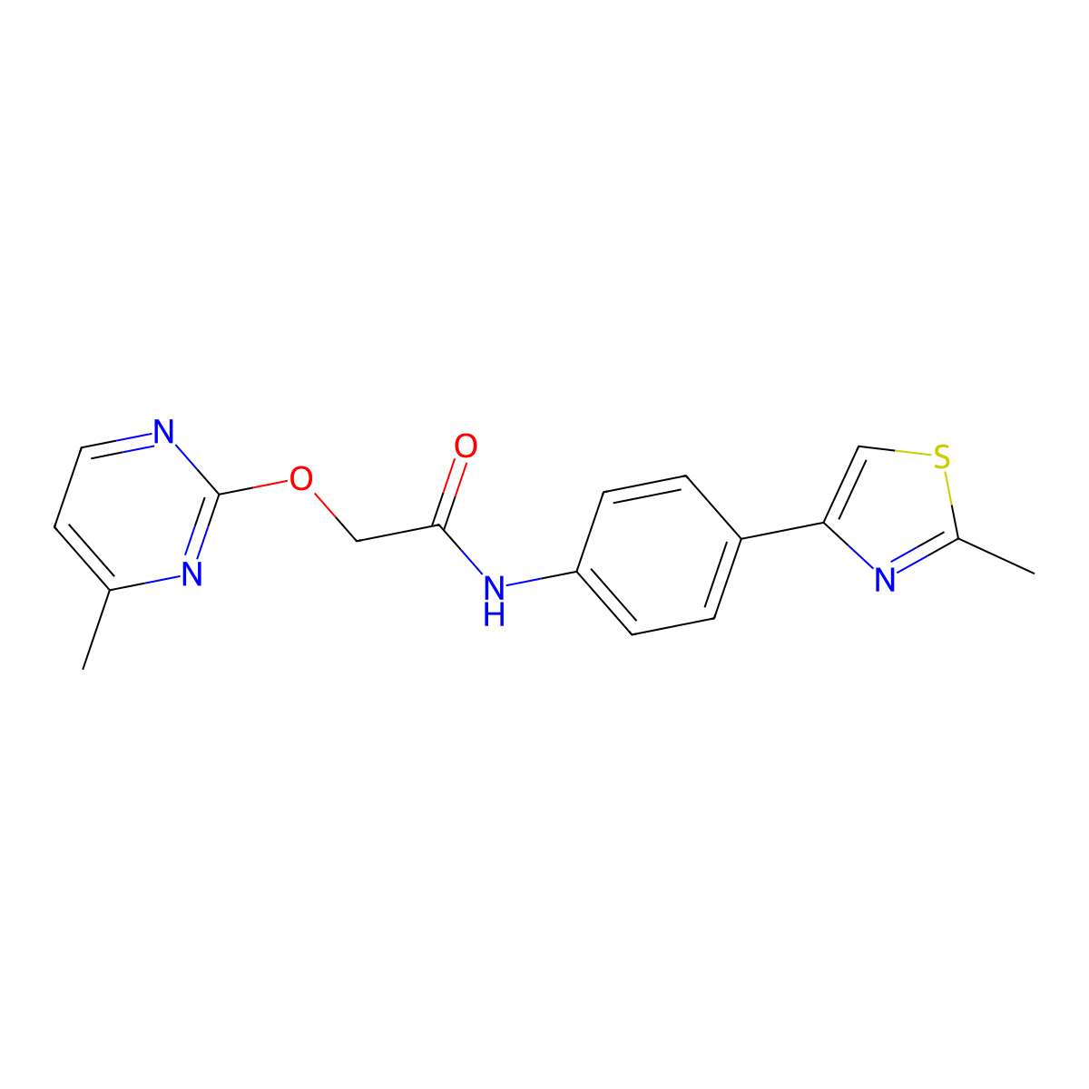 2-((4-methylpyrimidin-2-yl)oxy)-N-(4-(2-methylthiazol-4-yl)phenyl)acetamide molecular structure, CAS 1251547-99-5