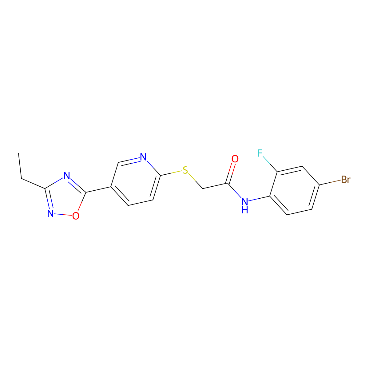N-(4-bromo-2-fluorophenyl)-2-((5-(3-ethyl-1,2,4-oxadiazol-5-yl)pyridin-2-yl)thio)acetamide molecular structure, CAS 1251548-00-1