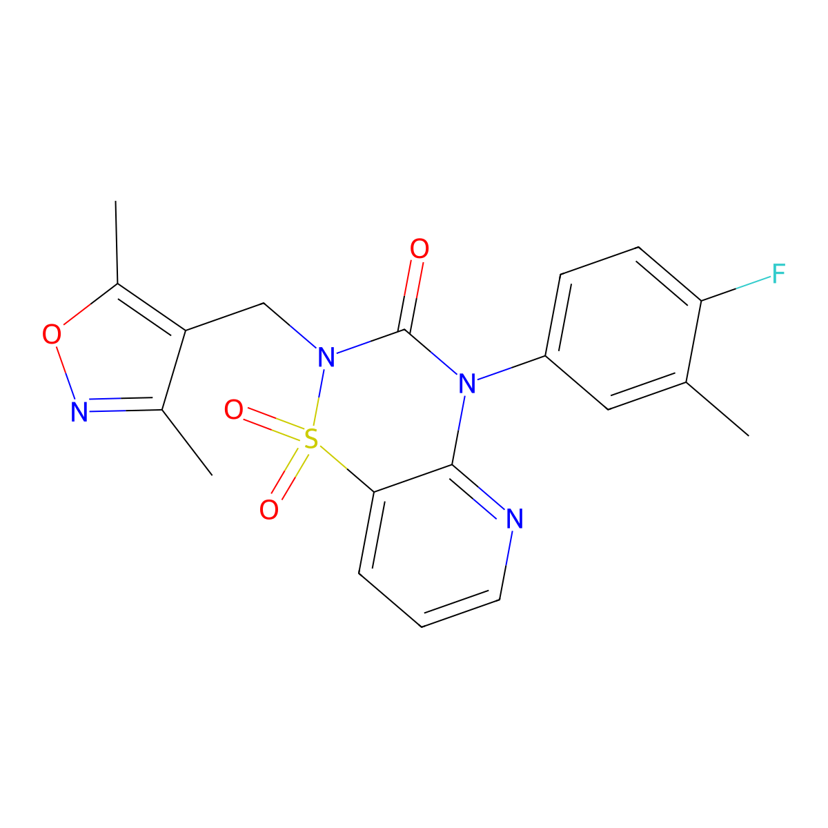 2-((3,5-dimethylisoxazol-4-yl)methyl)-4-(4-fluoro-3-methylphenyl)-2H-pyrido[2,3-e][1,2,4]thiadiazin-3(4H)-one 1,1-dioxide molecular structure, CAS 1251548-35-2
