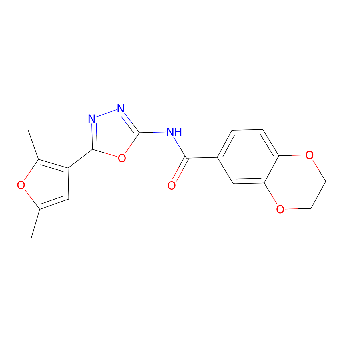 N-(5-(2,5-dimethylfuran-3-yl)-1,3,4-oxadiazol-2-yl)-2,3-dihydrobenzo[b][1,4]dioxine-6-carboxamide molecular structure, CAS 1251548-53-4