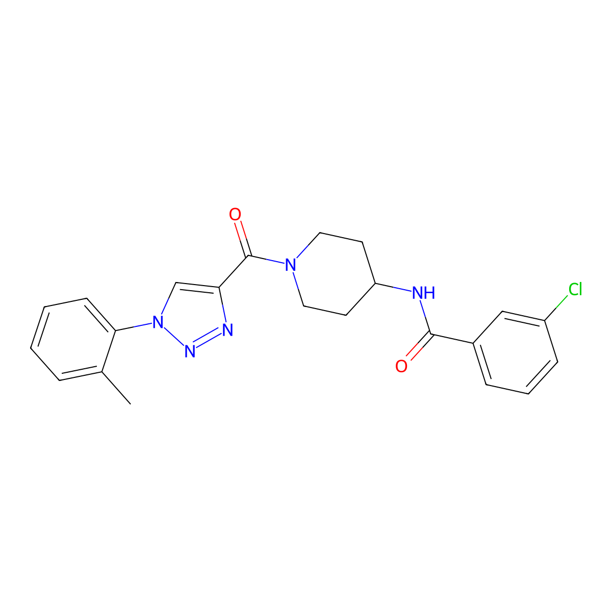 3-chloro-N-(1-(1-(o-tolyl)-1H-1,2,3-triazole-4-carbonyl)piperidin-4-yl)benzamide molecular structure, CAS 1251548-81-8
