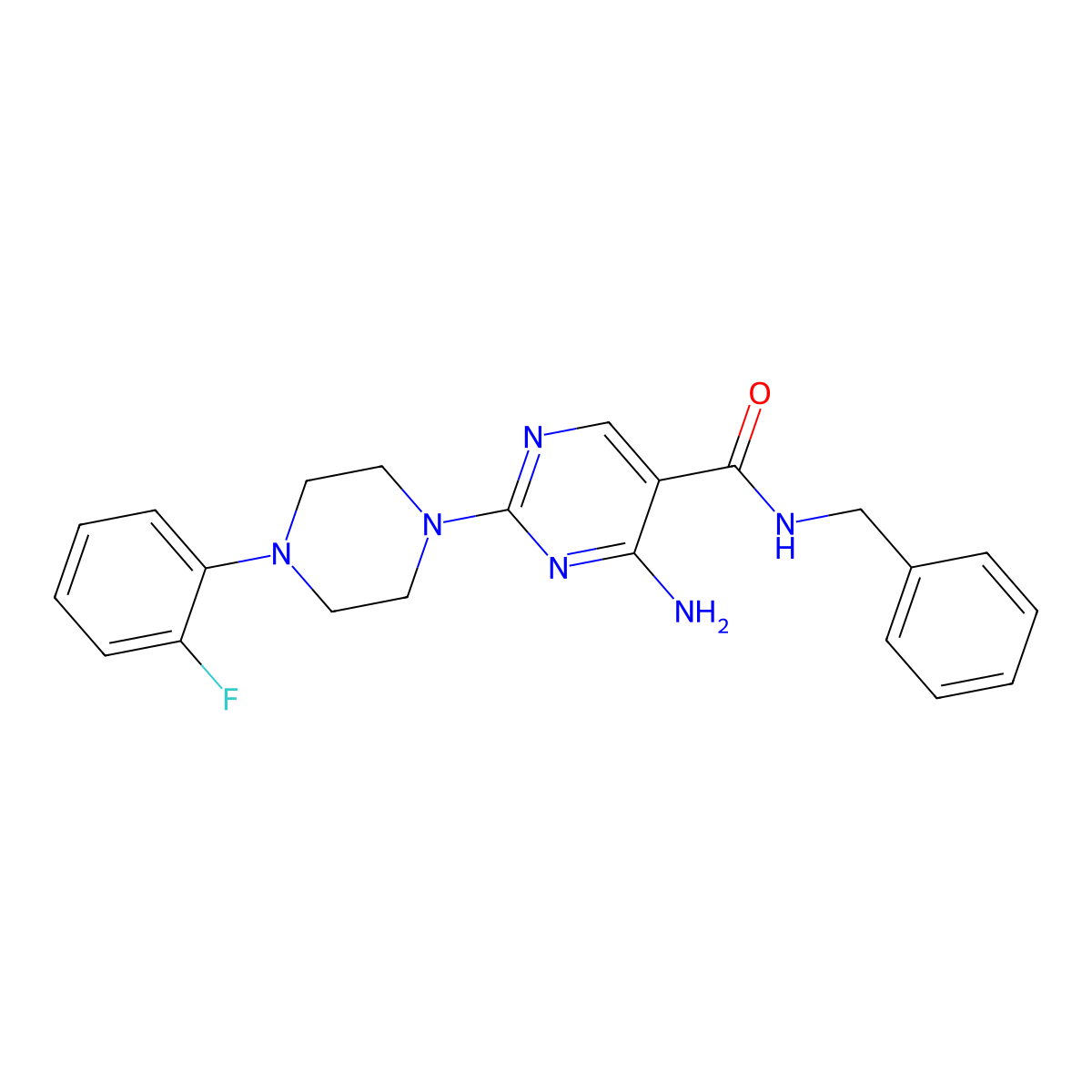 4-amino-N-benzyl-2-[4-(2-fluorophenyl)piperazin-1-yl]pyrimidine-5-carboxamide molecular structure, CAS 1251548-97-6