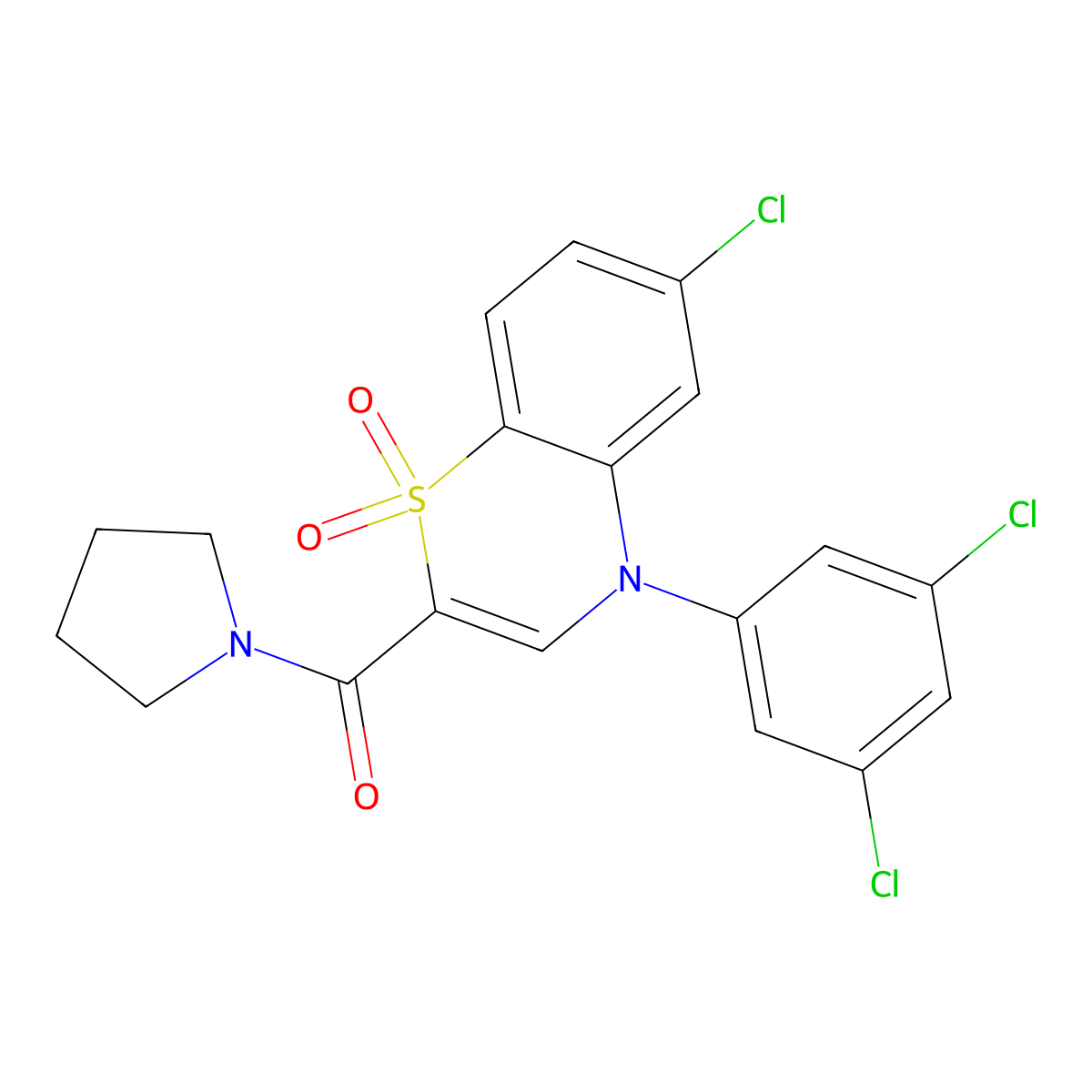 6-chloro-4-(3,5-dichlorophenyl)-2-(pyrrolidin-1-ylcarbonyl)-4H-1,4-benzothiazine 1,1-dioxide molecular structure, CAS 1251549-17-3