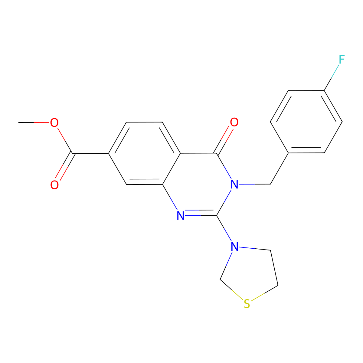 Methyl 3-[(4-fluorophenyl)methyl]-4-oxo-2-(1,3-thiazolidin-3-yl)-3,4-dihydroquinazoline-7-carboxylate molecular structure, CAS 1251549-42-4