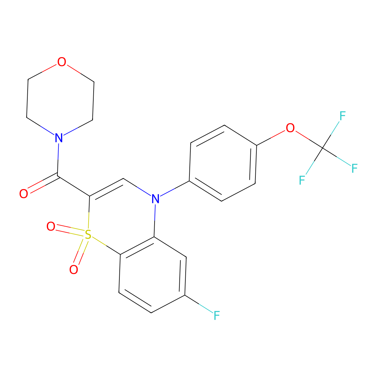 (6-fluoro-1,1-dioxido-4-(4-(trifluoromethoxy)phenyl)-4H-benzo[b][1,4]thiazin-2-yl)(morpholino)methanone molecular structure, CAS 1251549-53-7