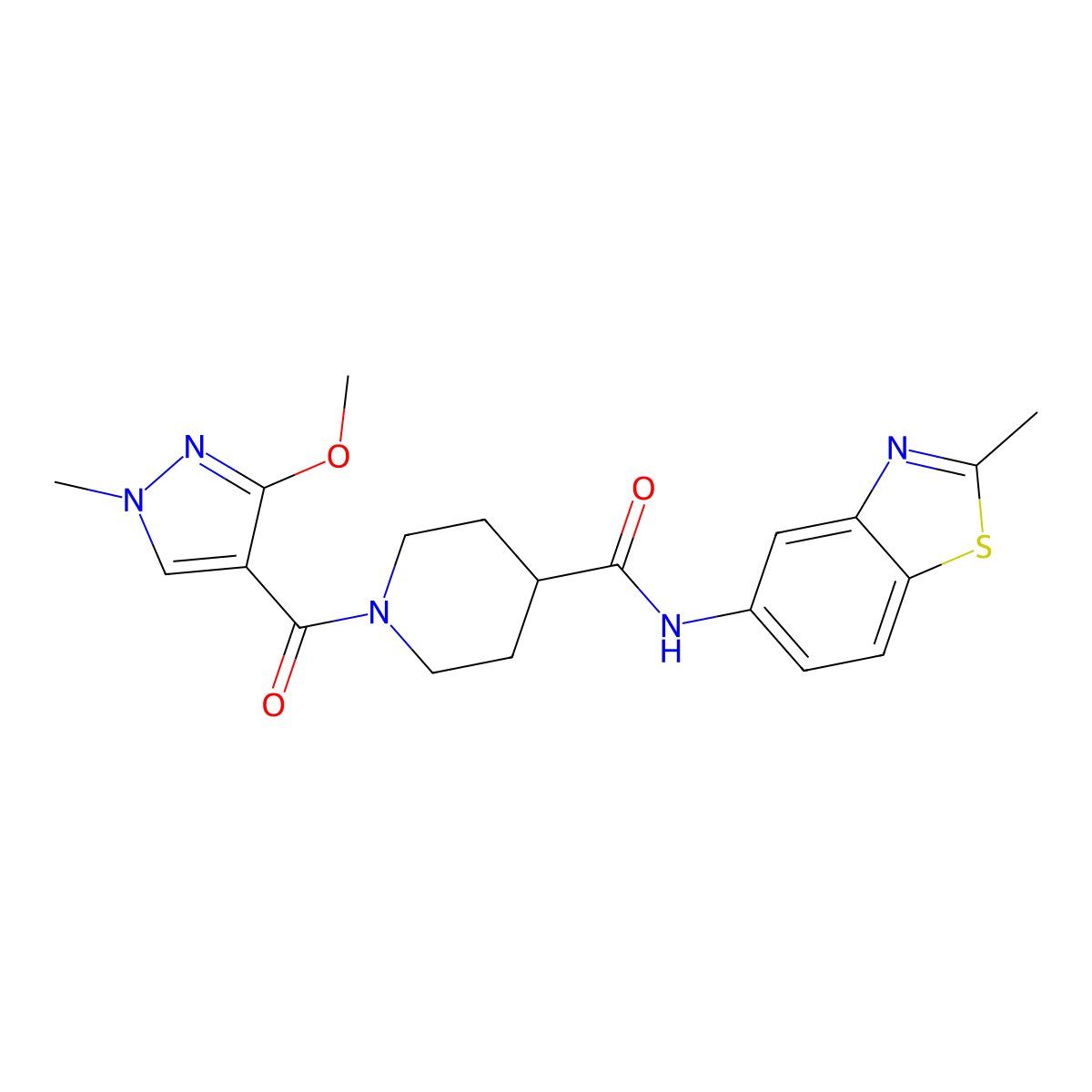 1-(3-methoxy-1-methyl-1H-pyrazole-4-carbonyl)-N-(2-methylbenzo[d]thiazol-5-yl)piperidine-4-carboxamide molecular structure, CAS 1251549-54-8