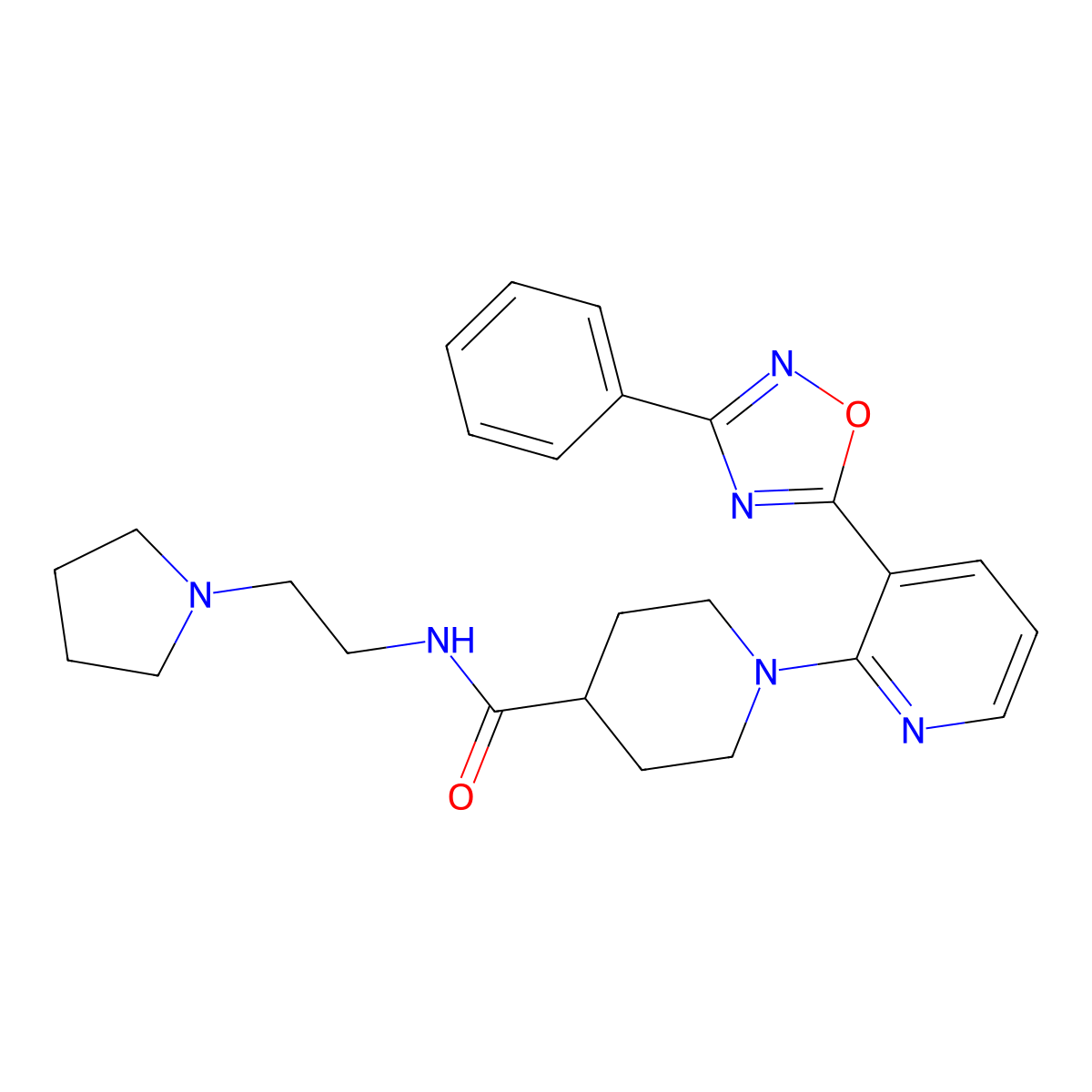 1-(3-(3-phenyl-1,2,4-oxadiazol-5-yl)pyridin-2-yl)-N-(2-(pyrrolidin-1-yl)ethyl)piperidine-4-carboxamide molecular structure, CAS 1251549-60-6