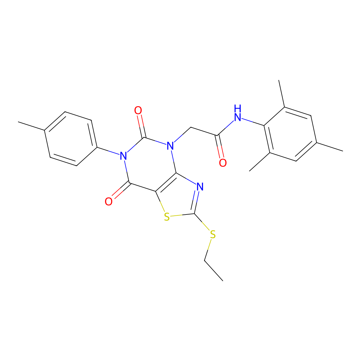 2-[2-(ethylsulfanyl)-6-(4-methylphenyl)-5,7-dioxo-4H,5H,6H,7H-[1,3]thiazolo[4,5-d]pyrimidin-4-yl]-N-(2,4,6-trimethylphenyl)acetamide molecular structure, CAS 1251549-62-8