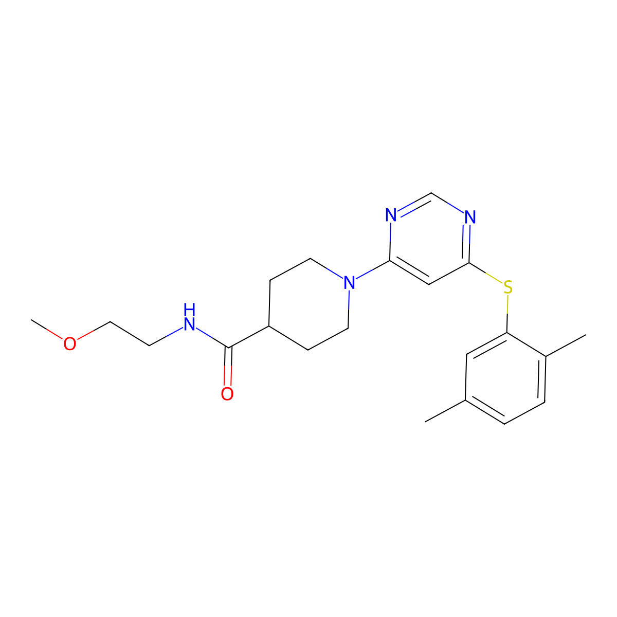1-(6-((2,5-dimethylphenyl)thio)pyrimidin-4-yl)-N-(2-methoxyethyl)piperidine-4-carboxamide molecular structure, CAS 1251549-69-5