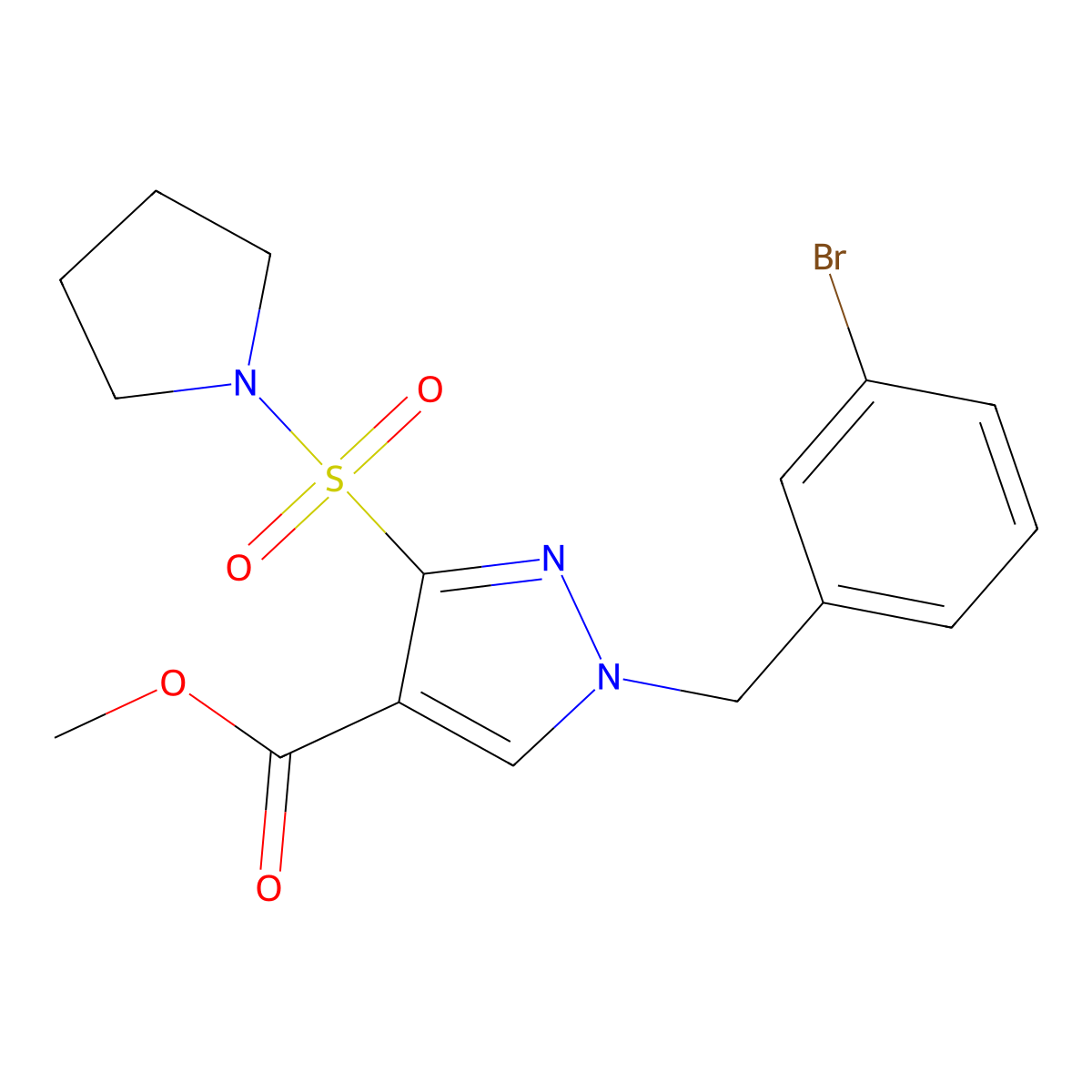 methyl 1-(3-bromobenzyl)-3-(pyrrolidin-1-ylsulfonyl)-1H-pyrazole-4-carboxylate molecular structure, CAS 1251549-74-2