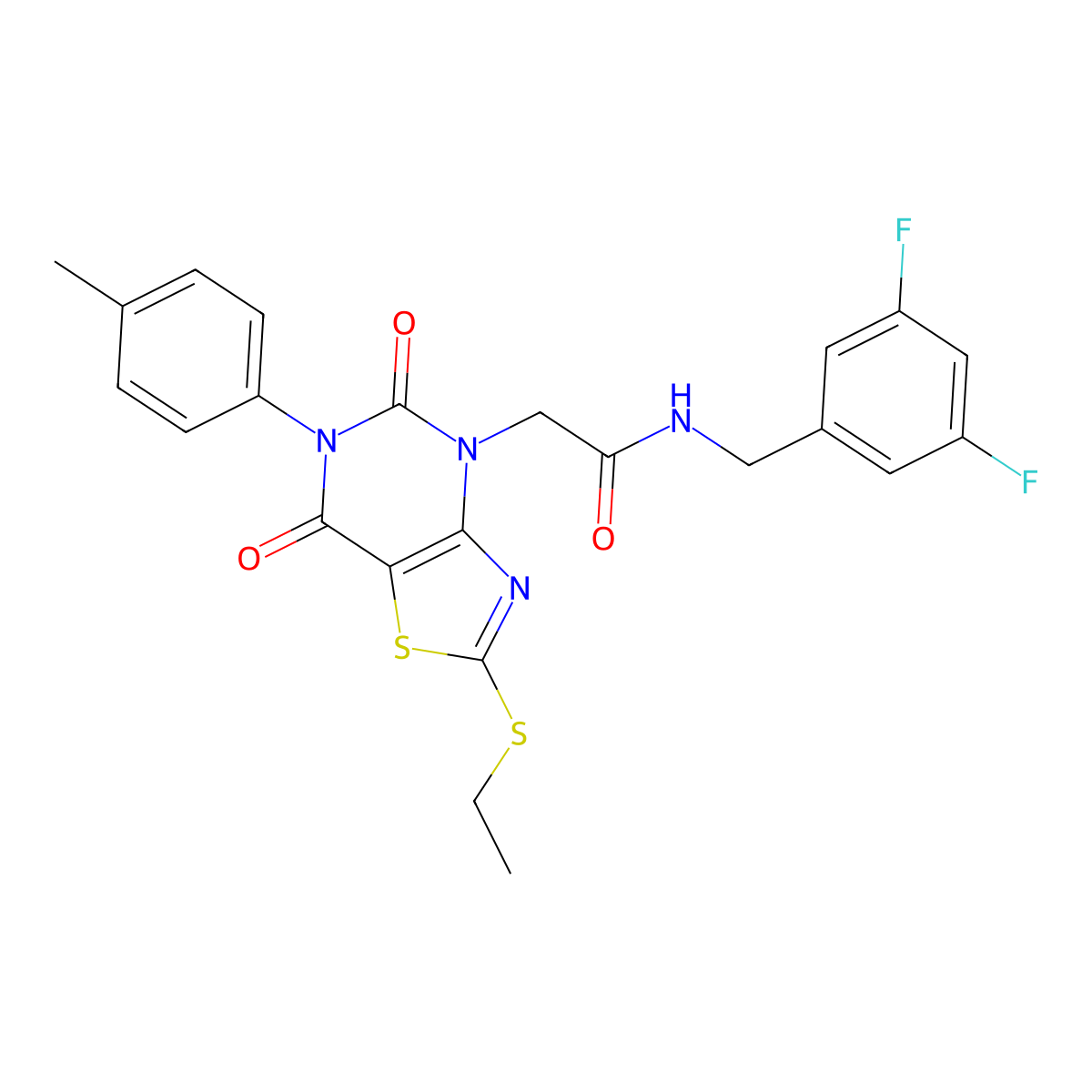 N-(3,5-difluorobenzyl)-2-(2-(ethylthio)-5,7-dioxo-6-(p-tolyl)-6,7-dihydrothiazolo[4,5-d]pyrimidin-4(5H)-yl)acetamide molecular structure, CAS 1251549-77-5