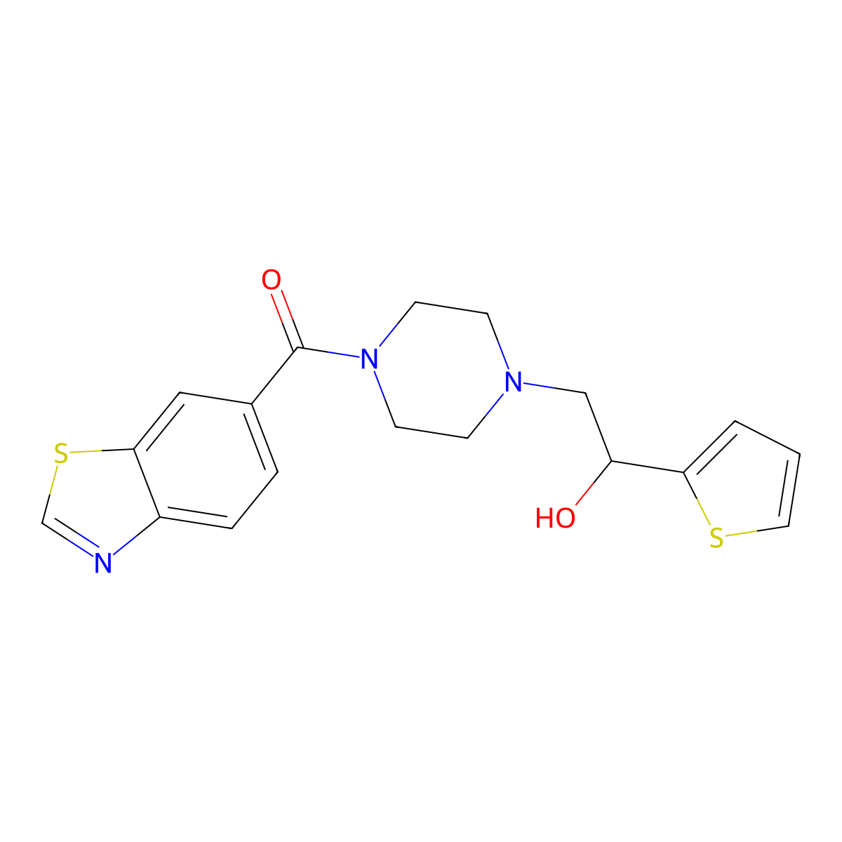 Benzo[d]thiazol-6-yl(4-(2-hydroxy-2-(thiophen-2-yl)ethyl)piperazin-1-yl)methanone molecular structure, CAS 1251549-95-7