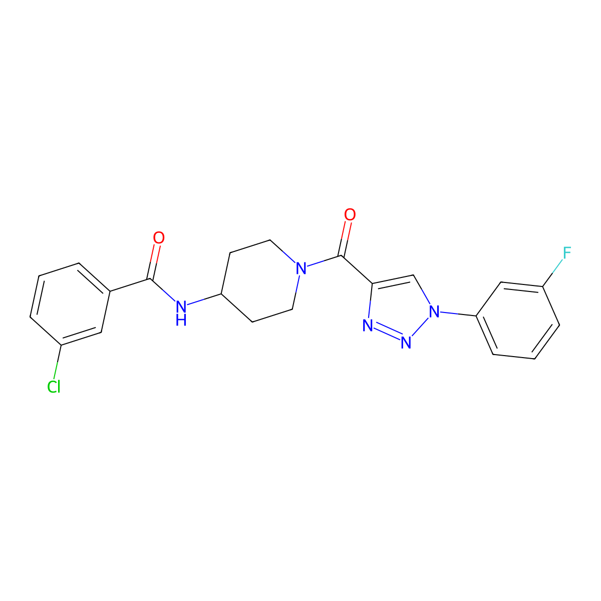 3-chloro-N-(1-(1-(3-fluorophenyl)-1H-1,2,3-triazole-4-carbonyl)piperidin-4-yl)benzamide molecular structure, CAS 1251550-02-3