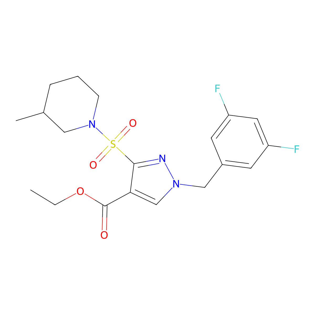 ethyl 1-(3,5-difluorobenzyl)-3-((3-methylpiperidin-1-yl)sulfonyl)-1H-pyrazole-4-carboxylate molecular structure, CAS 1251550-03-4