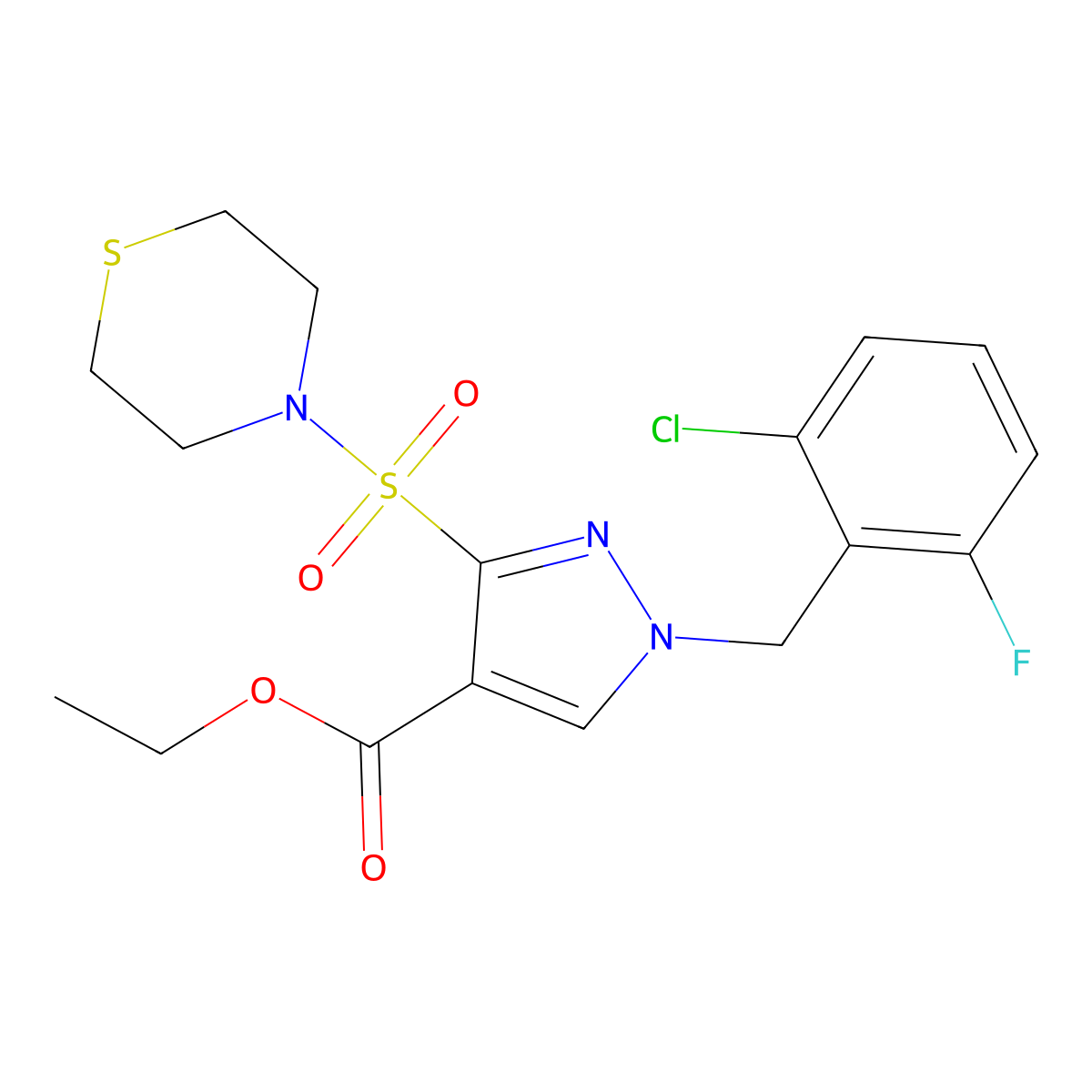 ethyl 1-(2-chloro-6-fluorobenzyl)-3-(thiomorpholinosulfonyl)-1H-pyrazole-4-carboxylate molecular structure, CAS 1251550-10-3