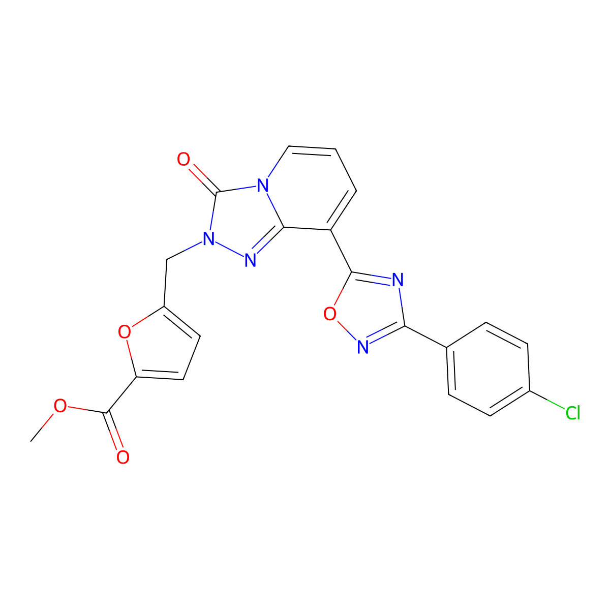methyl 5-({8-[3-(4-chlorophenyl)-1,2,4-oxadiazol-5-yl]-3-oxo-2H,3H-[1,2,4]triazolo[4,3-a]pyridin-2-yl}methyl)furan-2-carboxylate molecular structure, CAS 1251550-16-9