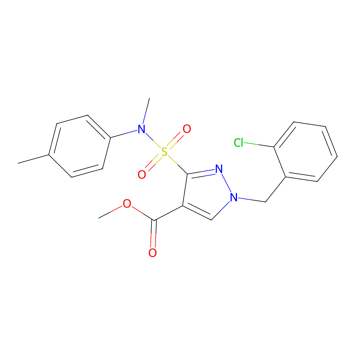 methyl 1-(2-chlorobenzyl)-3-(N-methyl-N-(p-tolyl)sulfamoyl)-1H-pyrazole-4-carboxylate molecular structure, CAS 1251550-25-0