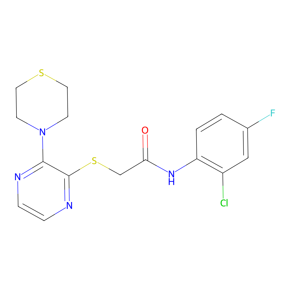 N-(2-chloro-4-fluorophenyl)-2-((3-thiomorpholinopyrazin-2-yl)thio)acetamide molecular structure, CAS 1251550-45-4