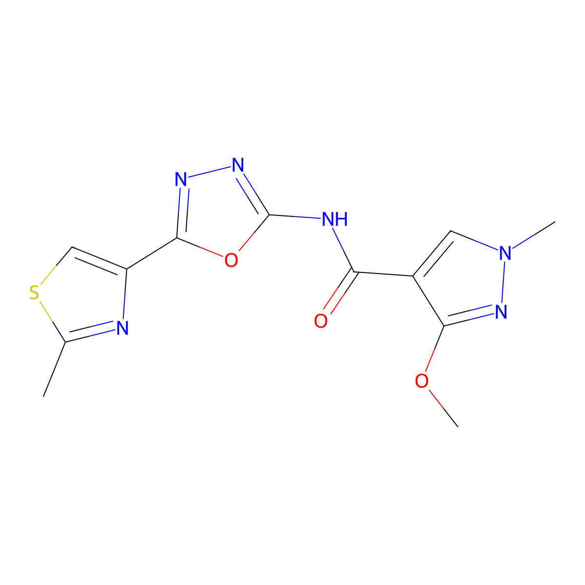 3-methoxy-1-methyl-N-(5-(2-methylthiazol-4-yl)-1,3,4-oxadiazol-2-yl)-1H-pyrazole-4-carboxamide molecular structure, CAS 1251550-48-7