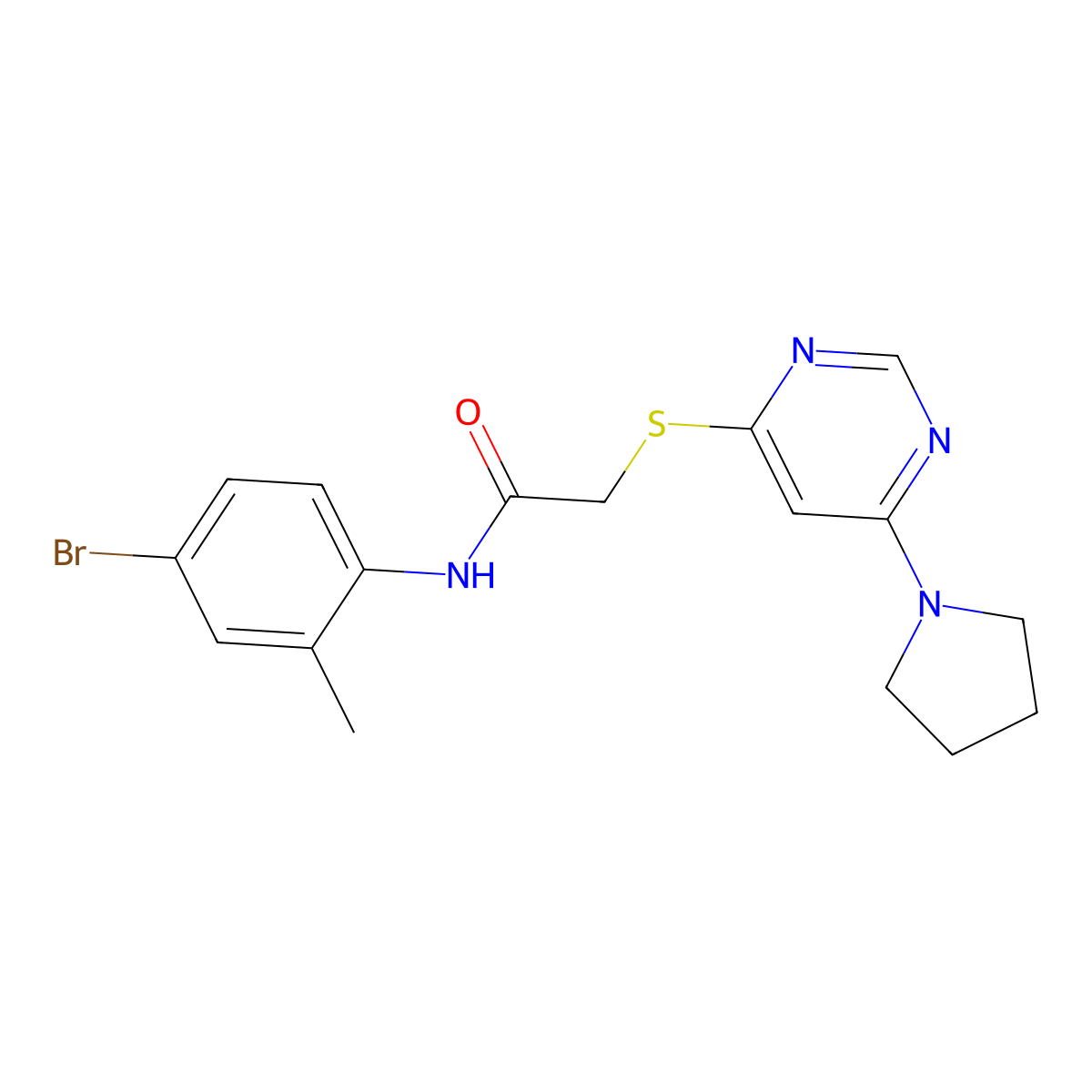 N-(4-bromo-2-methylphenyl)-2-((6-(pyrrolidin-1-yl)pyrimidin-4-yl)thio)acetamide molecular structure, CAS 1251550-53-4