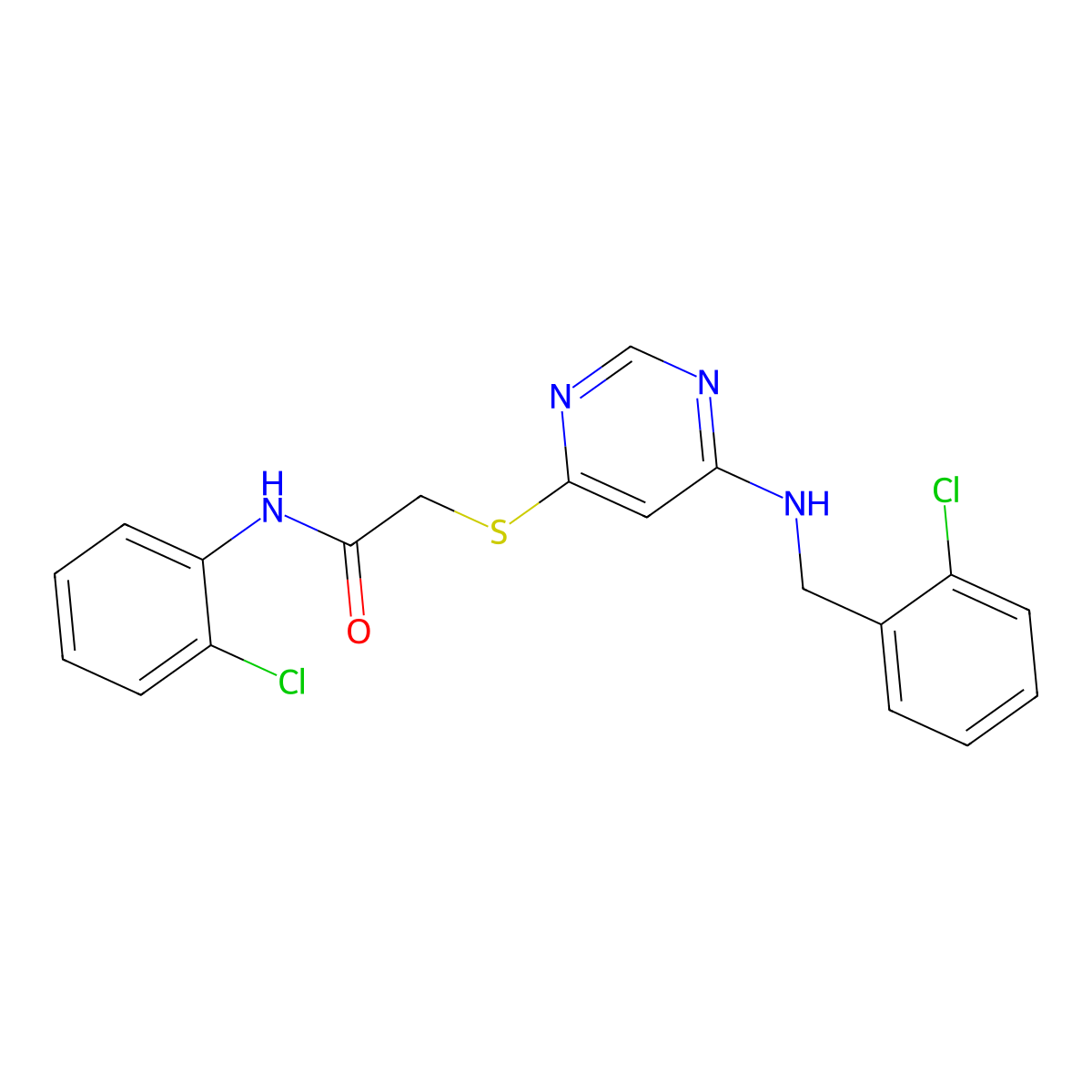 2-((6-((2-chlorobenzyl)amino)pyrimidin-4-yl)thio)-N-(2-chlorophenyl)acetamide molecular structure, CAS 1251550-70-5