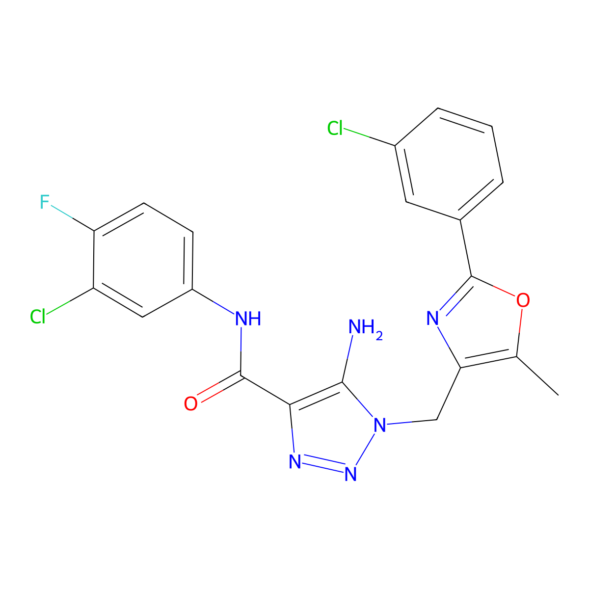 5-amino-N-(3-chloro-4-fluorophenyl)-1-{[2-(3-chlorophenyl)-5-methyl-1,3-oxazol-4-yl]methyl}-1H-1,2,3-triazole-4-carboxamide molecular structure, CAS 1251550-77-2