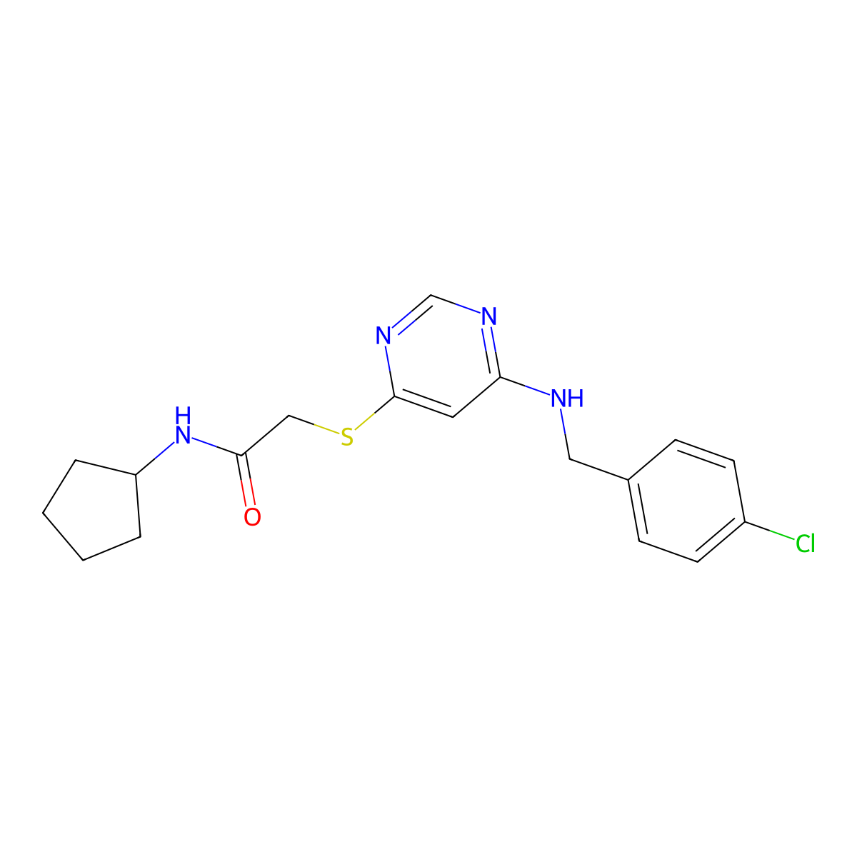2-((6-((4-chlorobenzyl)amino)pyrimidin-4-yl)thio)-N-cyclopentylacetamide molecular structure, CAS 1251550-79-4