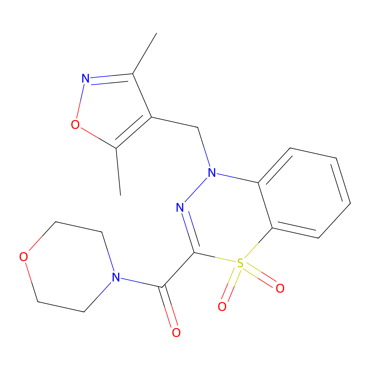 (1-((3,5-dimethylisoxazol-4-yl)methyl)-4,4-dioxido-1H-benzo[e][1,3,4]thiadiazin-3-yl)(morpholino)methanone molecular structure, CAS 1251550-94-3