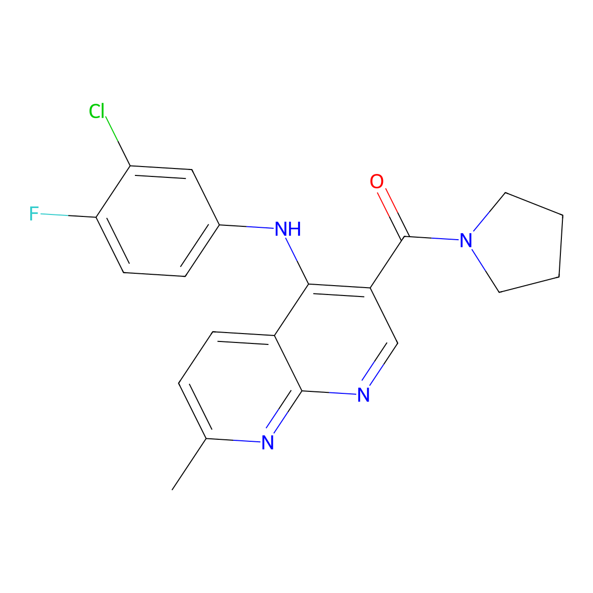 (4-((3-Chloro-4-fluorophenyl)amino)-7-methyl-1,8-naphthyridin-3-yl)(pyrrolidin-1-yl)methanone molecular structure, CAS 1251551-14-0