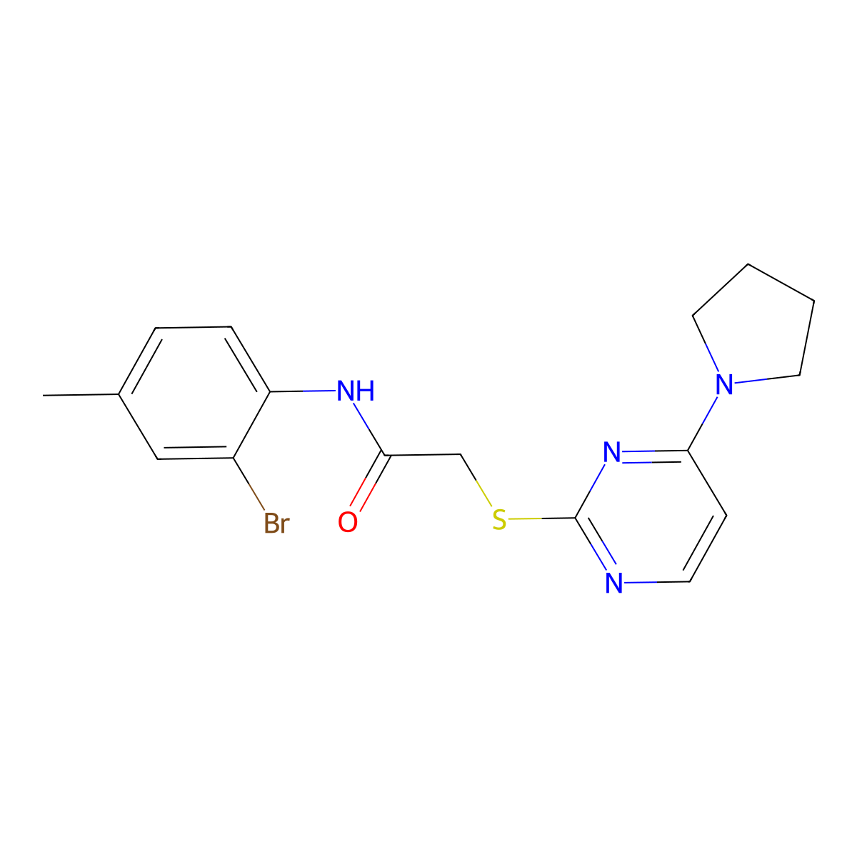 N-(2-bromo-4-methylphenyl)-2-((4-(pyrrolidin-1-yl)pyrimidin-2-yl)thio)acetamide molecular structure, CAS 1251551-27-5