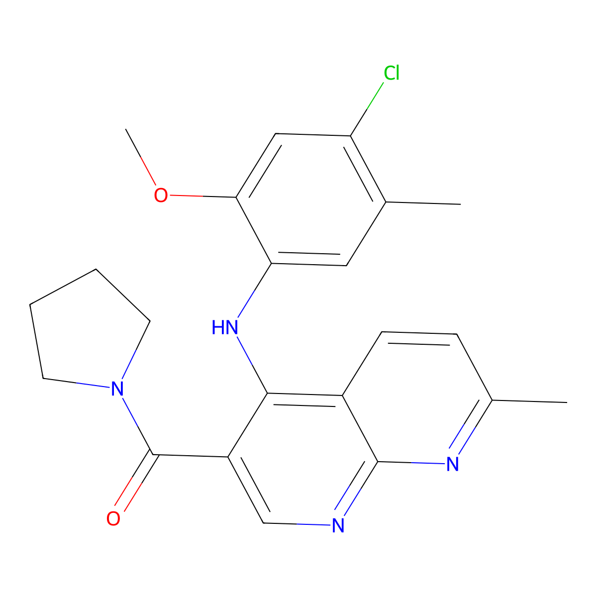 (4-((4-Chloro-2-methoxy-5-methylphenyl)amino)-7-methyl-1,8-naphthyridin-3-yl)(pyrrolidin-1-yl)methanone molecular structure, CAS 1251551-30-0