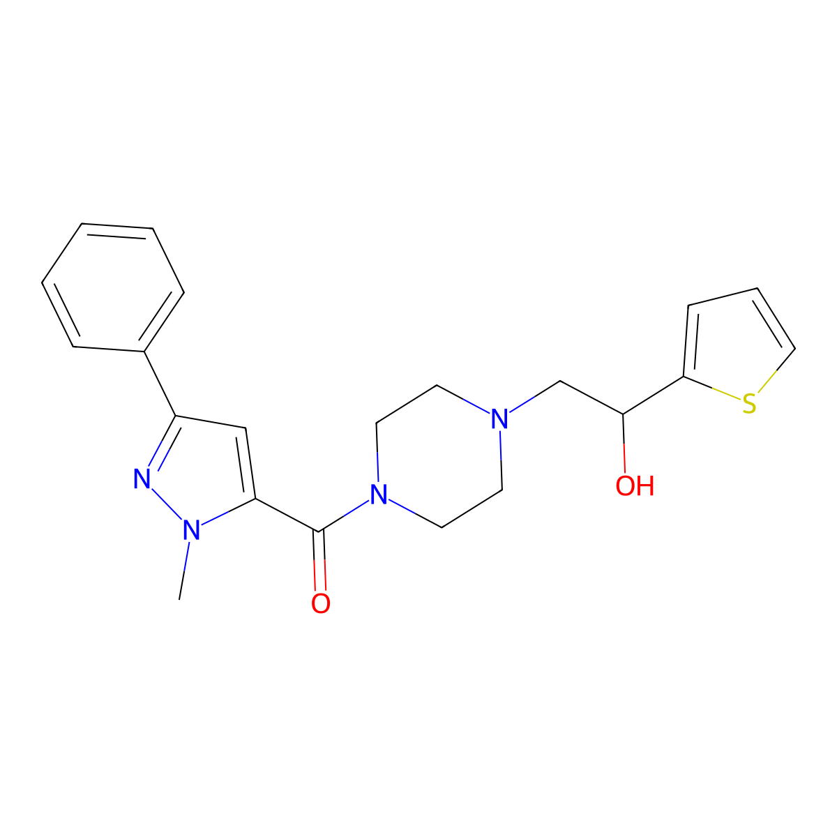 (4-(2-hydroxy-2-(thiophen-2-yl)ethyl)piperazin-1-yl)(1-methyl-3-phenyl-1H-pyrazol-5-yl)methanone molecular structure, CAS 1251551-35-5
